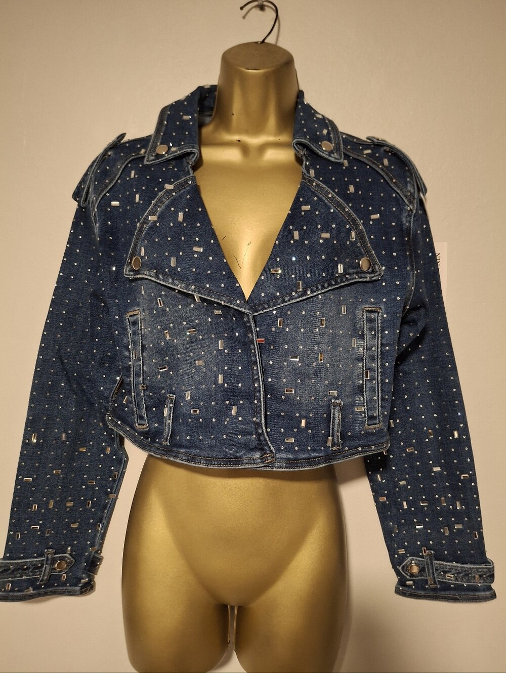 Cropped Embellished Dark Blue Denim Jacket